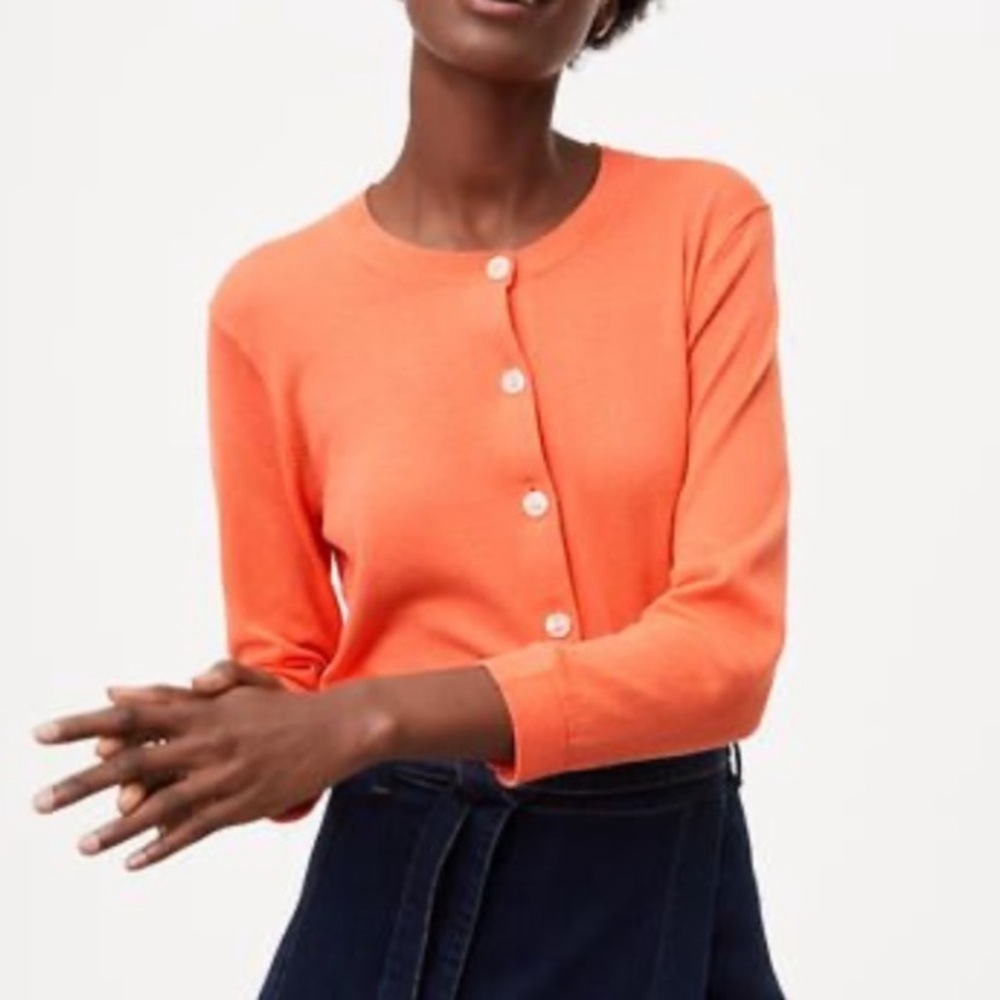 NWOT Loft 3/4 Sleeve Signature Cotton Cardigan Tangerine Splash Size XS